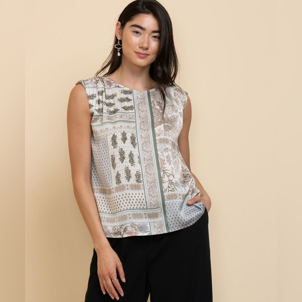 Ricki’s Blue Green Paisley Patchwork Sleeveless Shoulder Pads Blouse Tank Top
